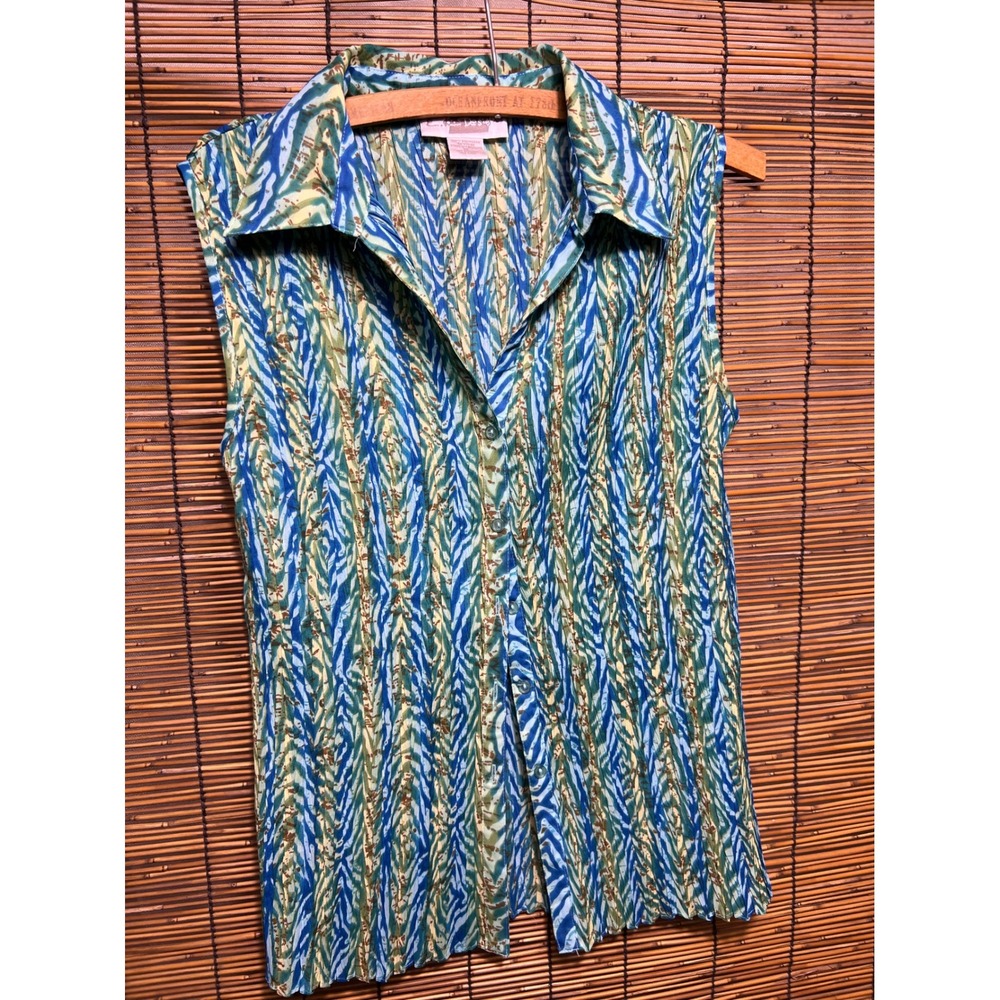 ER Designs Womens XL Blue Green Abstract Zebra Plisse Pleated Sleeveless Blouse